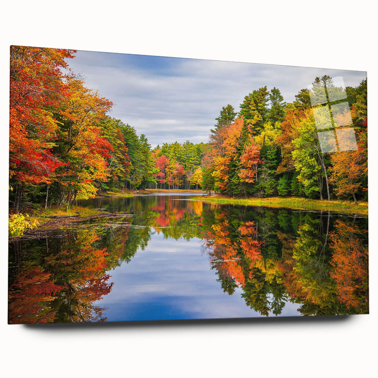 Acrylic glass wall art featuring a serene lakeside landscape, showcasing vibrant colors and intricate details, perfect for enhancing modern home decor.