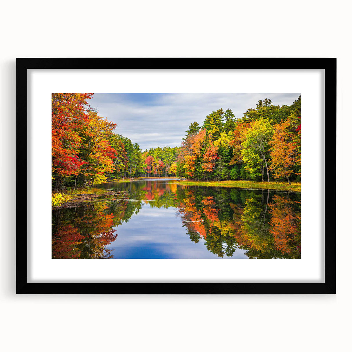 Framed wall art collection featuring serene lakeside landscapes in soft colors, with a sleek black frame and white mat, perfect for modern home decor.