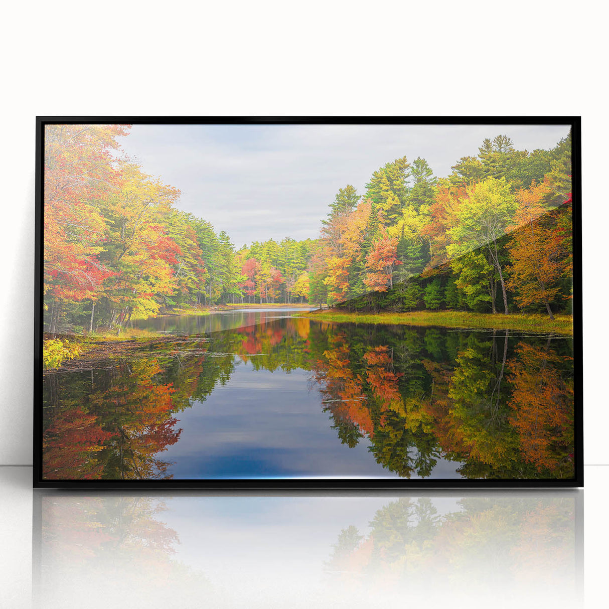Framed acrylic wall art showcasing a tranquil lakeside landscape with vibrant colors, perfect for enhancing home decor. Black frame adds elegance to the design.