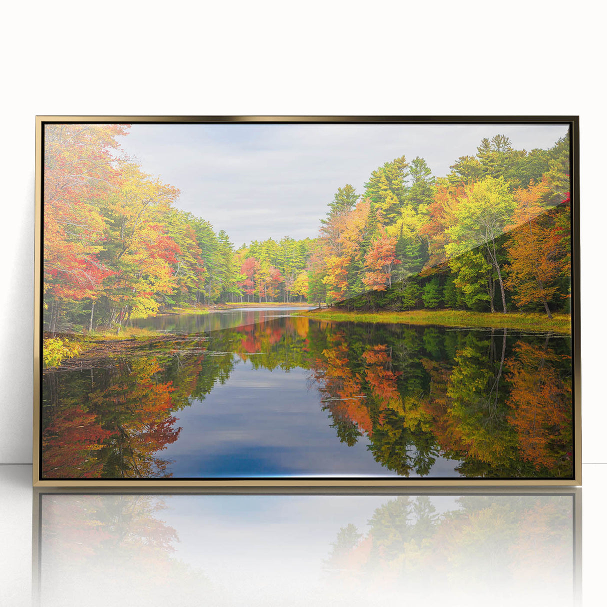 Framed acrylic wall art featuring a serene lakeside landscape with vibrant colors, gold accents, and a modern design, perfect for home decor enhancement.