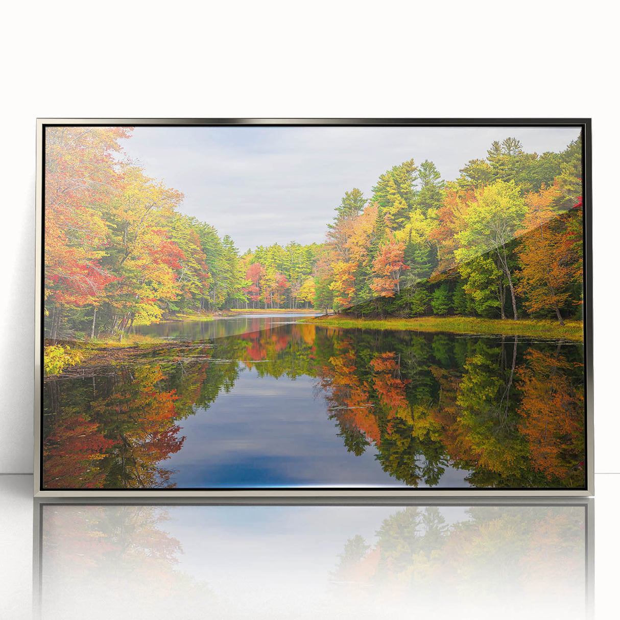 Framed acrylic wall art collection showcasing serene lake landscapes with silver accents, ideal for modern home decor and enhancing interior aesthetics.