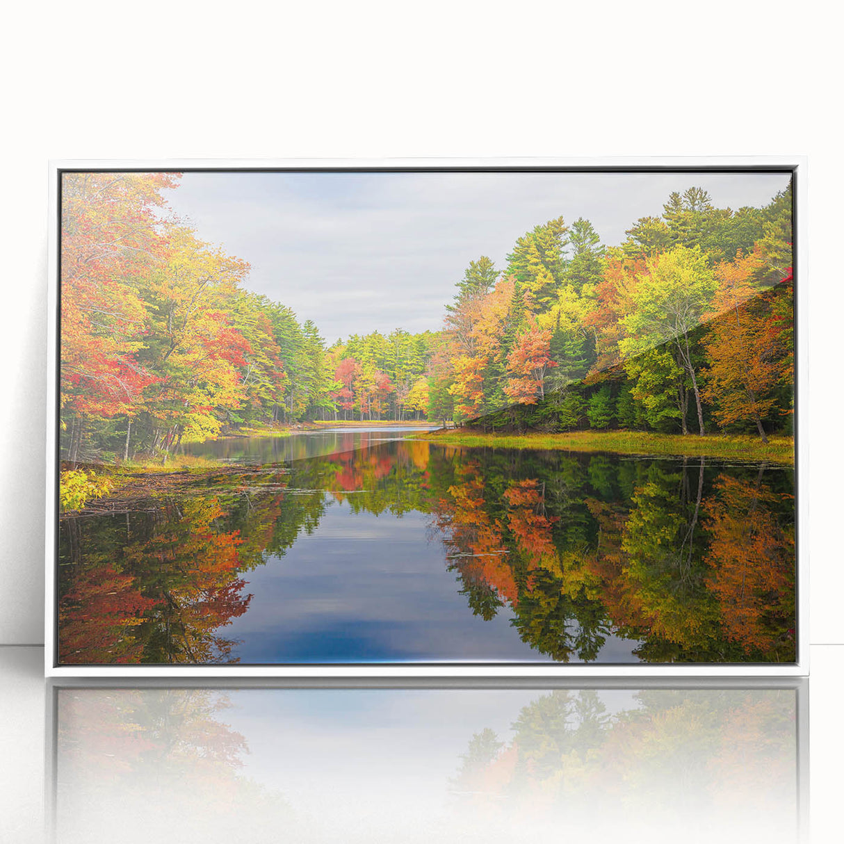 Framed acrylic wall art collection featuring serene lake landscapes, arranged in a stylish white frame, ideal for enhancing modern home decor.