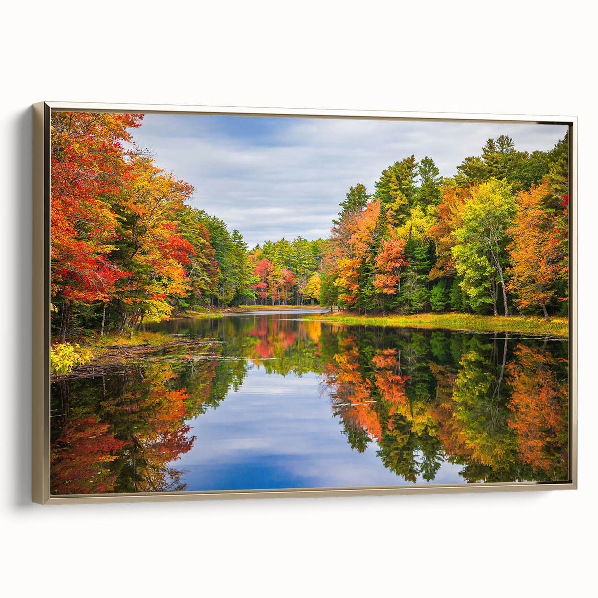 Framed canvas wall art collection showcasing serene lake landscapes with gold accents, viewed from the side to highlight its elegant design and texture.