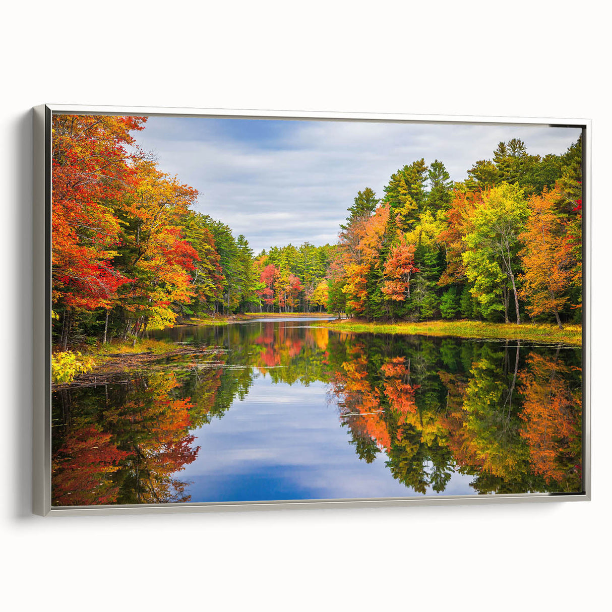 Framed canvas wall art showcasing a serene lakeside landscape with vibrant colors and silver accents, ideal for enhancing modern home decor.