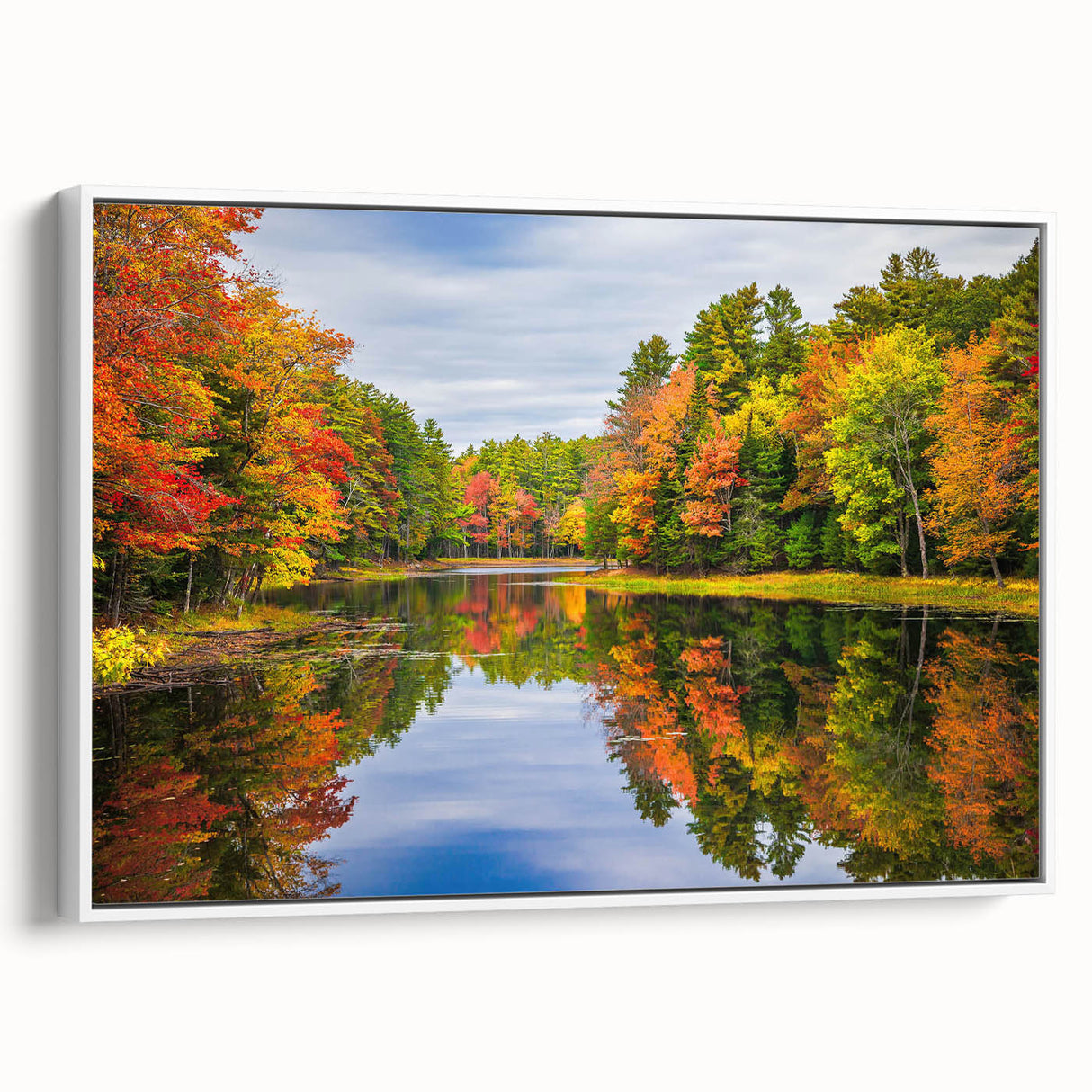 Framed canvas wall art featuring a serene lake landscape design, with vibrant colors and intricate details, elegantly displayed from a side view against a white backdrop.