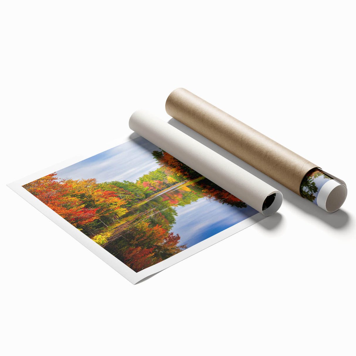 Rolled art print showcasing a serene landscape of a tranquil lake surrounded by lush greenery and mountains, perfect for home décor and wall decoration.