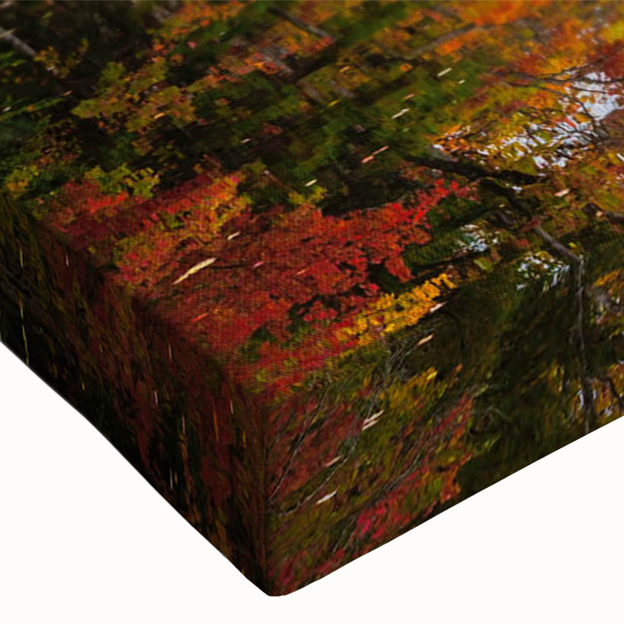 Close-up of a stretched canvas wall art piece showcasing a serene lake landscape with vibrant colors and intricate details, perfect for home decor enhancement.
