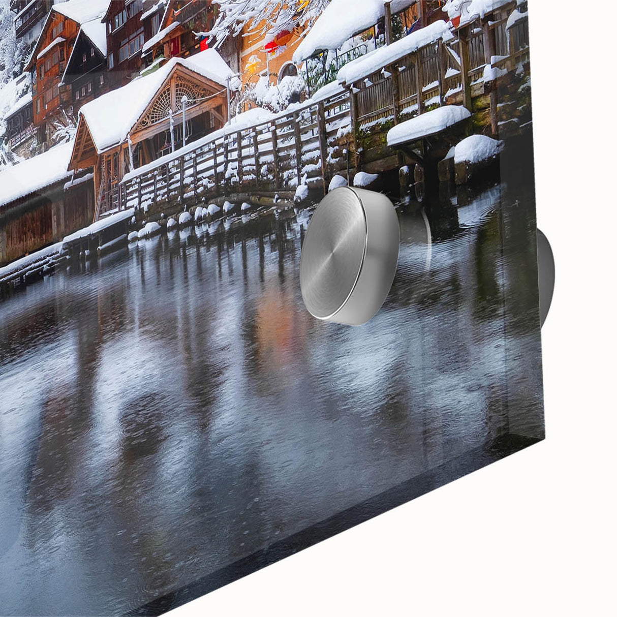 Close-up of an acrylic glass wall art piece showcasing a serene lake landscape design, featuring vibrant blues and greens that evoke tranquility and nature's beauty. Ideal for enhancing home decor with a modern artistic touch.