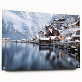 Acrylic glass wall art collection showcasing serene lake landscapes, displayed from a side view with decorative pins, ideal for modern home decor.