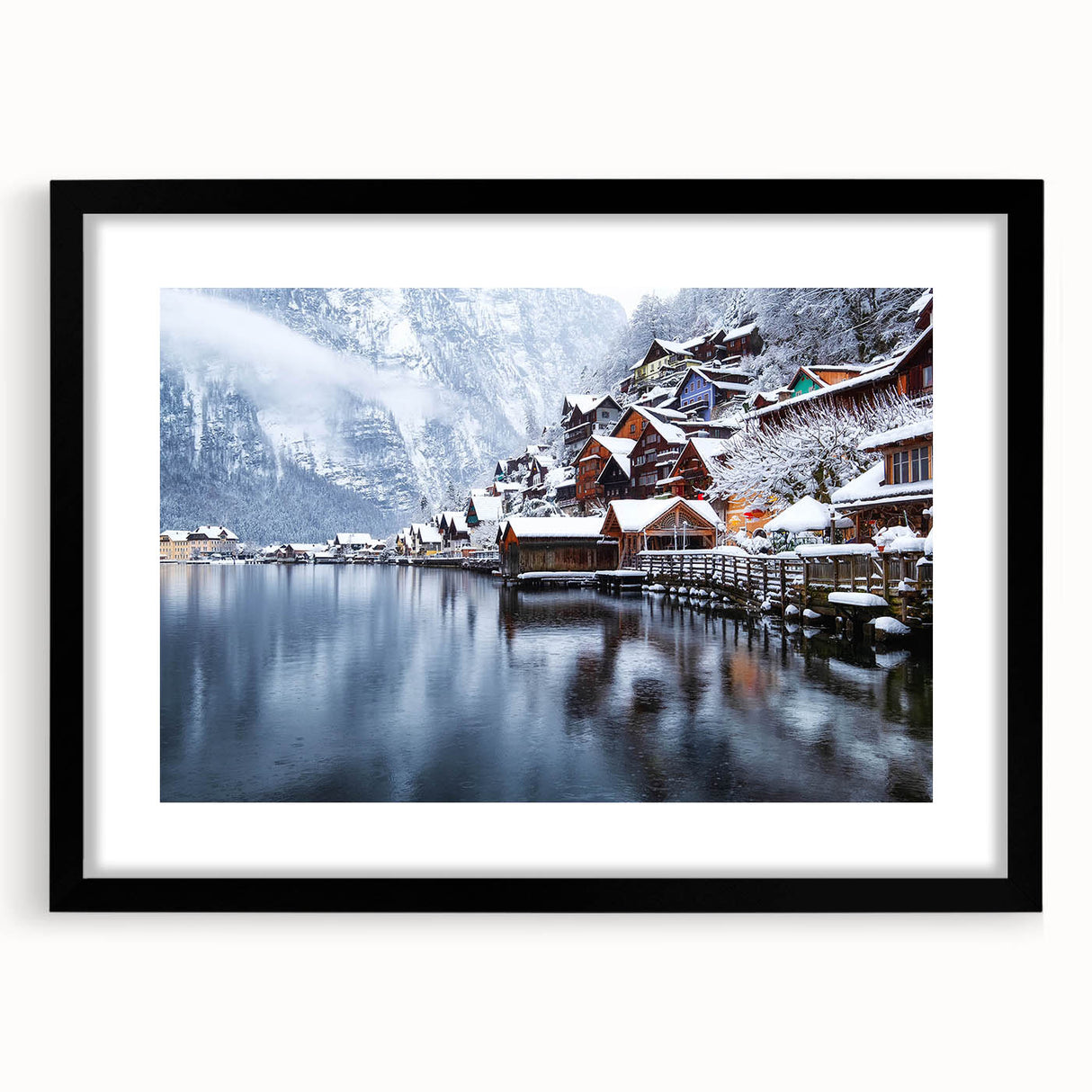 Framed wall art collection showcasing serene lake landscapes, featuring a black frame and mat, perfect for enhancing home decor with nature-inspired aesthetics.