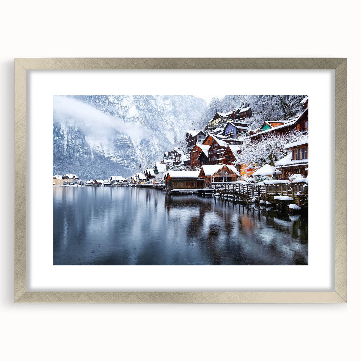 Framed wall art collection showcasing serene landscapes of lakes, featuring a silver mat and elegant design, perfect for home decor enhancement.