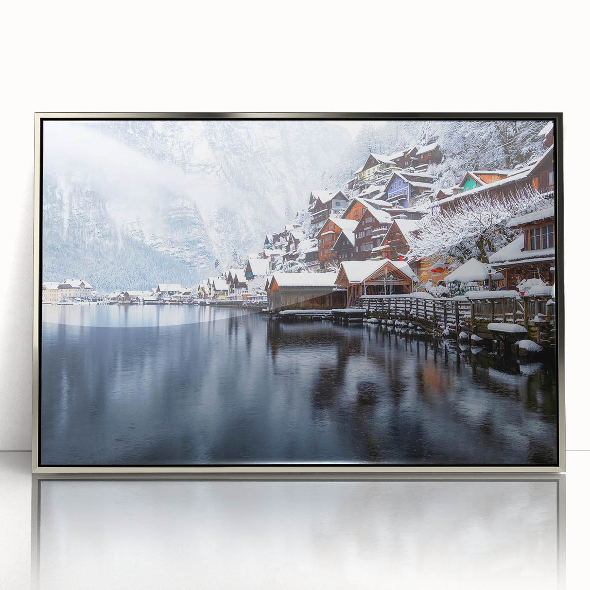 Framed wall art featuring a serene lake landscape design, showcasing vibrant colors and intricate details, with a sleek silver frame perfect for modern decor.