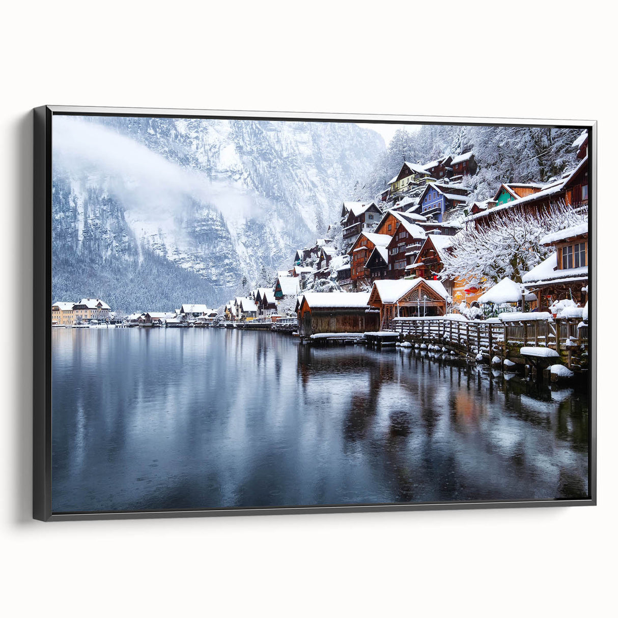 Framed canvas wall art showcasing a serene lake landscape, featuring rich colors and detailed textures, with a sleek black frame that enhances any decor.