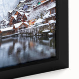 Framed canvas close-up showcasing a serene landscape with a tranquil lake and lush greenery, ideal for home decor, enhancing ambiance and relaxation.