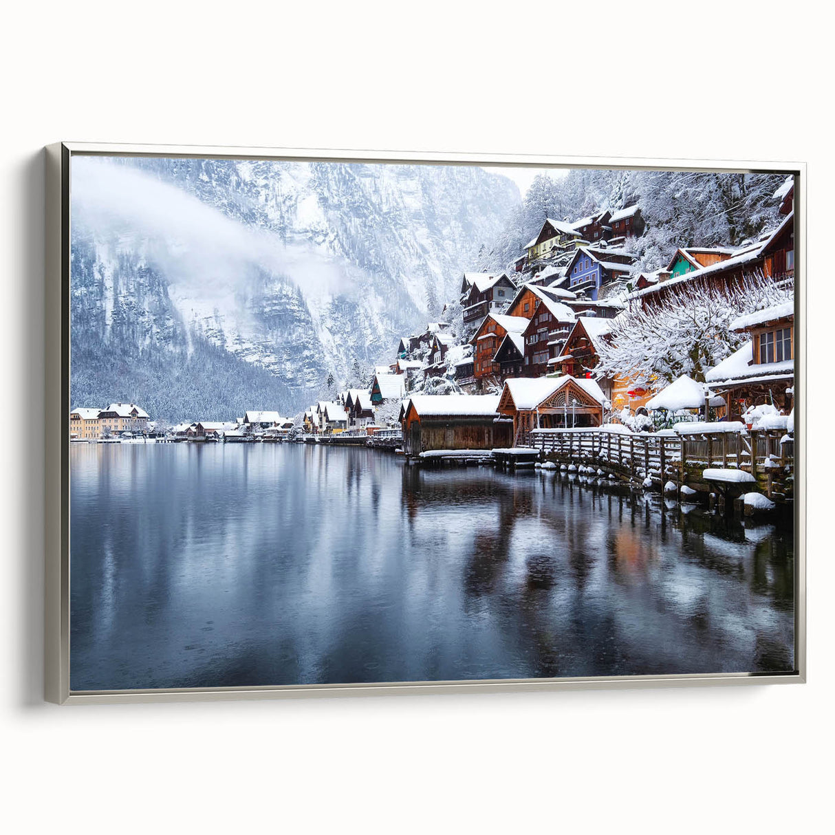 Framed canvas wall art featuring a serene lakeside landscape design, with silver accents on the frame, beautifully presented from the side view, perfect for home decor.