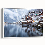 Framed canvas wall art showcasing a serene lake landscape design, featuring calming blue tones and natural scenery, perfect for home decor. The artwork is displayed from a side view, emphasizing its elegant white frame and artistic detail.