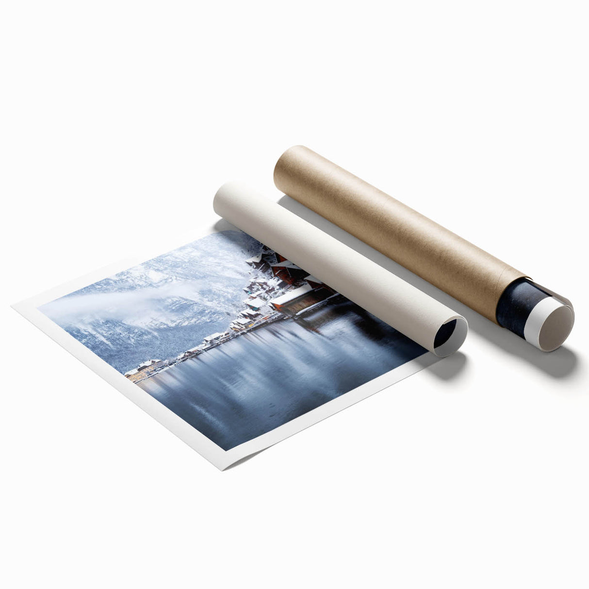 Lakeside landscape wall art print showcasing serene blue water and lush greenery, rolled for easy display, perfect for enhancing home decor.