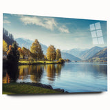 Acrylic glass wall art featuring a serene landscape of a tranquil lake surrounded by lush greenery, showcased in a stylish side view without pins, ideal for home decor.