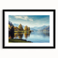 Elegant black-framed wall art collection showcasing serene lake landscapes, featuring intricate designs and a white mat, perfect for home decor.