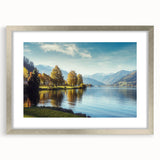 Framed wall art collection showcasing serene lake landscapes, featuring a silver mat and elegant design, perfect for enhancing home decor.