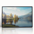 Framed wall art collection showcasing serene landscapes and lakes, featuring vibrant colors and a sleek black frame, perfect for home decor enhancement.