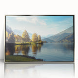 Framed acrylic wall art collection showcasing a serene lakeside landscape with vibrant colors and intricate details, perfect for home decor enhancement.