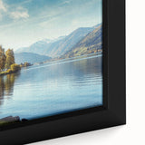 Close-up of a framed canvas wall art piece showcasing a serene lake landscape design with vibrant colors and intricate details, perfect for home decor.