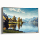 Framed canvas wall art featuring a serene lake landscape design, with silver accents, showcasing vibrant colors and intricate details, perfect for enhancing home decor.