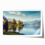 Stunning rolled print of a serene lake landscape featuring vibrant blues and greens, perfect for home decor or office spaces, showcasing nature's tranquility.