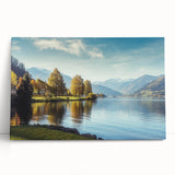 Stretched canvas wall art showcasing a serene lake landscape design with vibrant colors and intricate details, perfect for home decor in modern living spaces.