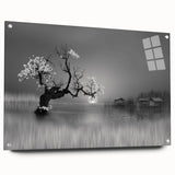 Acrylic glass wall art collection featuring serene lake landscapes, displayed in a side view with decorative pins, perfect for enhancing home decor.