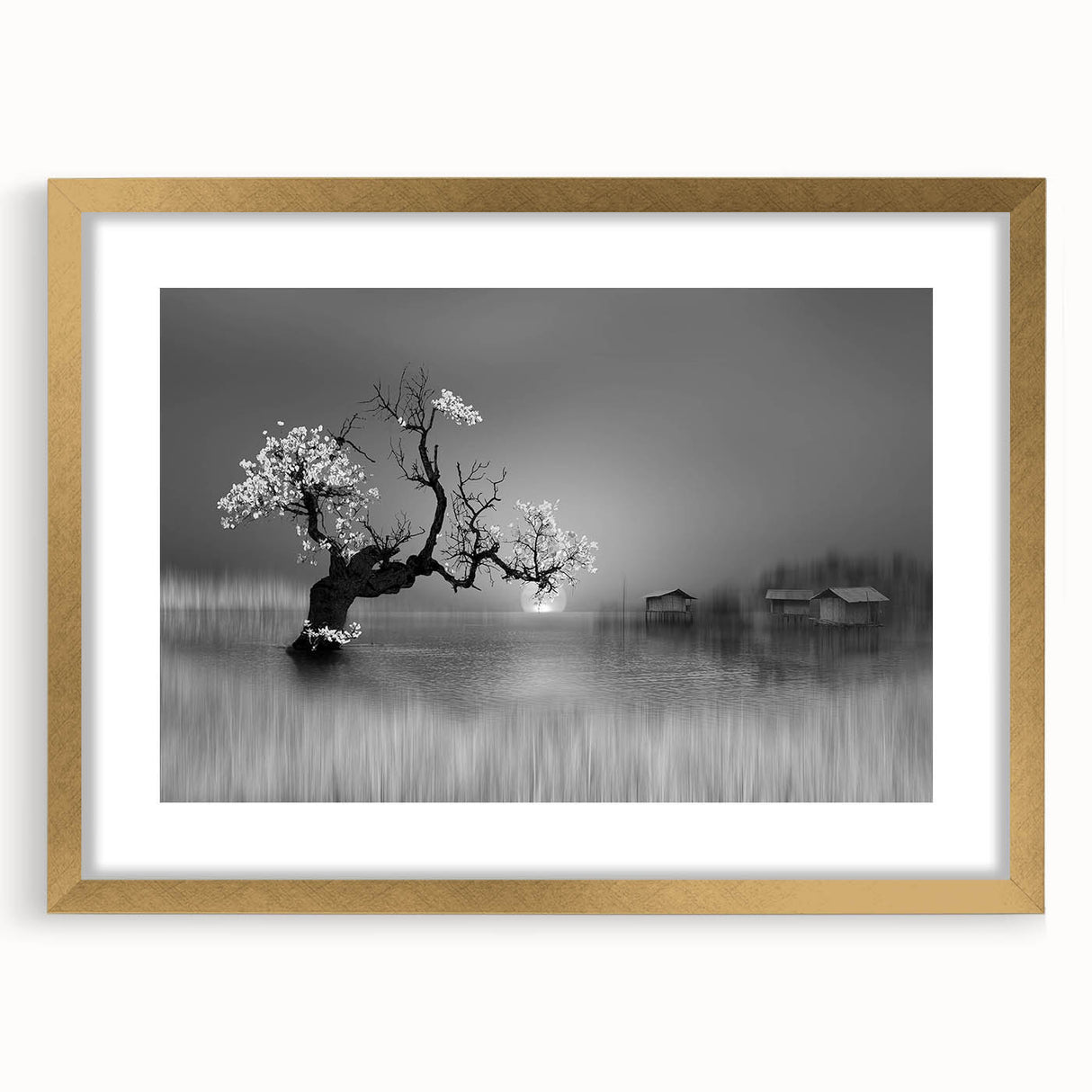 Framed wall art print showcasing a serene lake landscape with vibrant colors, gold frame highlighting the design, perfect for home decor or office ambiance.