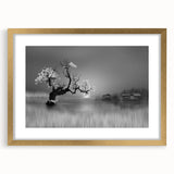 Framed wall art print showcasing a serene lake landscape with vibrant colors, gold frame highlighting the design, perfect for home decor or office ambiance.