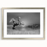 Framed wall art collection showcasing a serene lakeside landscape with silver matting, perfect for home décor. Ideal for nature lovers and enhancing interior spaces.