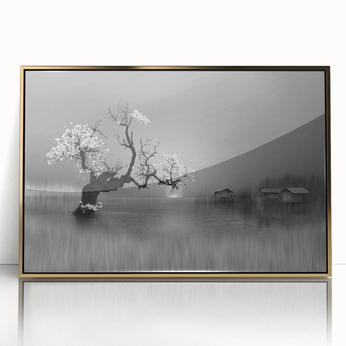 Framed acrylic wall art showcasing a serene lake landscape with vibrant colors and gold accents, ideal for home décor and interior design enhancement.