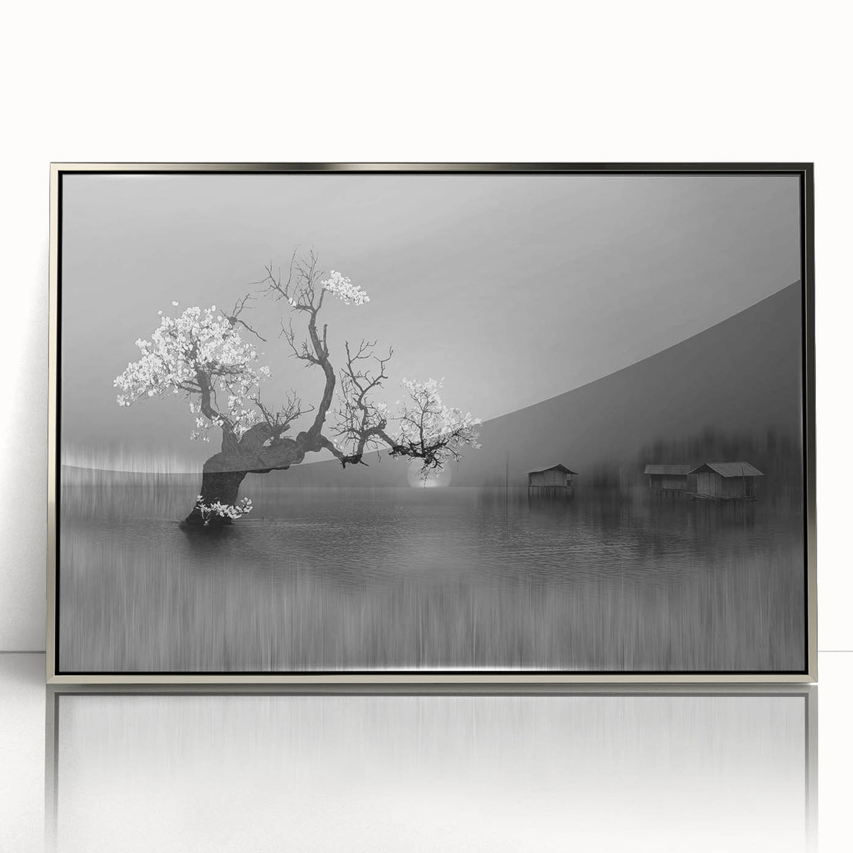 Framed wall art collection showcasing a serene lake landscape design with silver-acrylic finish, ideal for modern home decor. Perfect for enhancing living spaces.