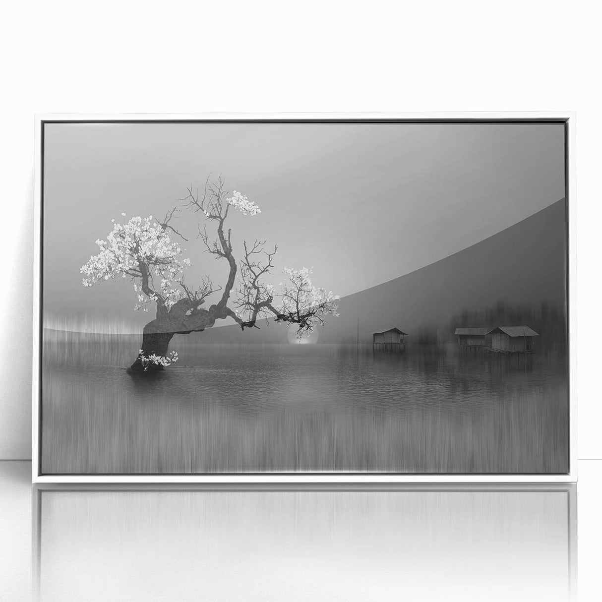 Framed acrylic wall art depicting a serene lake landscape with vibrant colors, showcasing a white frame and a modern design, perfect for home decor.