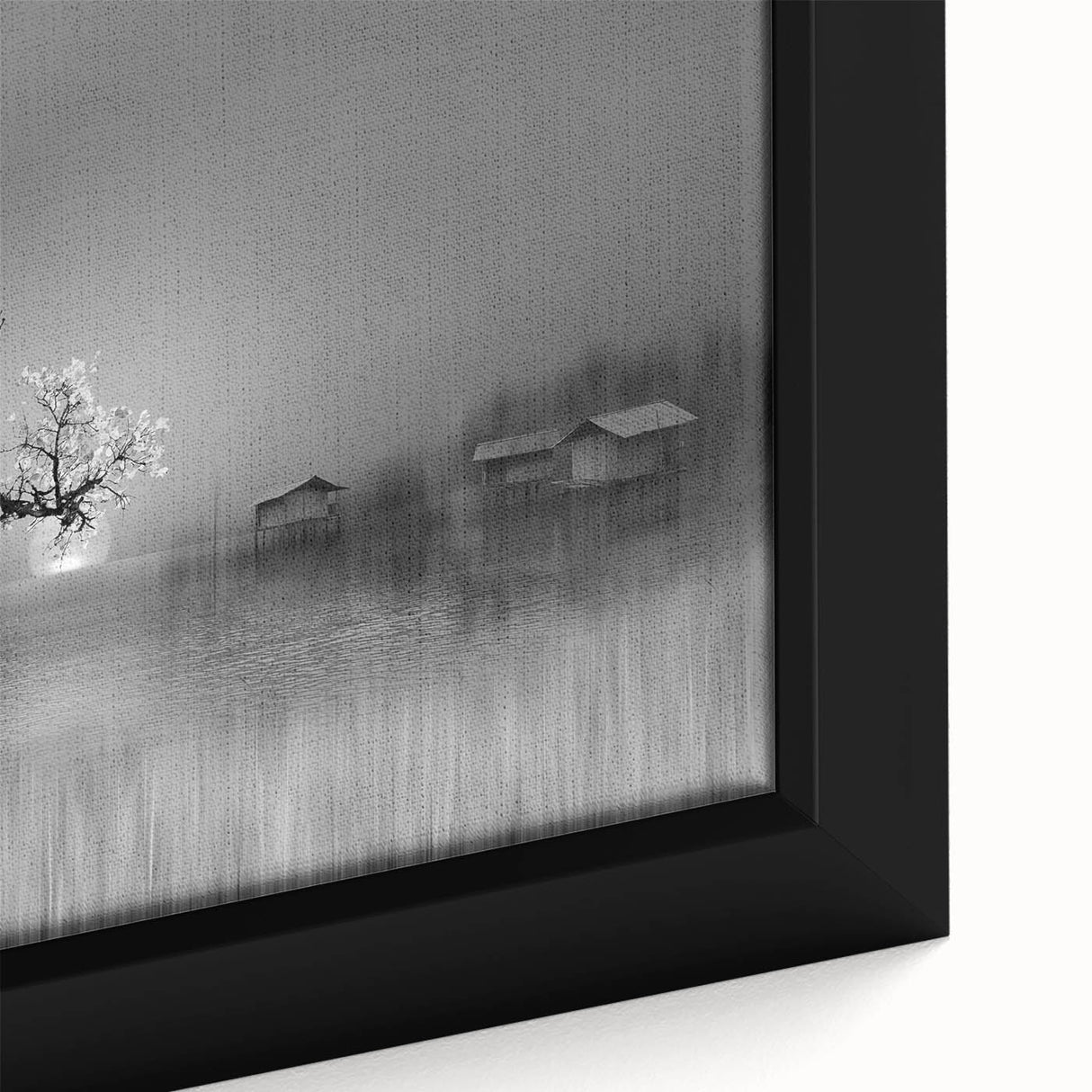 Framed canvas wall art showcasing a serene lake landscape with vibrant colors, perfect for home decor. Close-up detail highlights texture and artistic design.