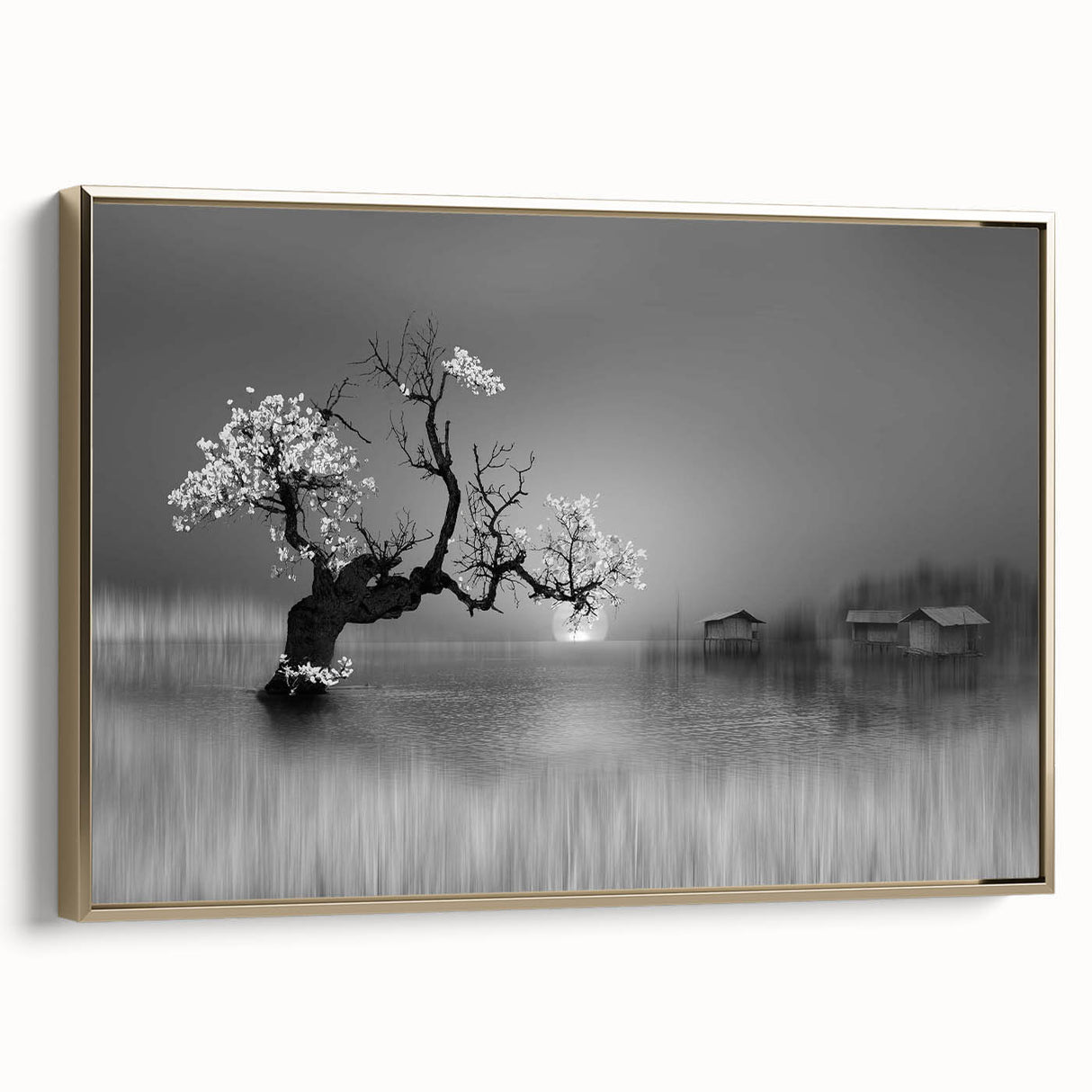 Framed landscape wall art featuring serene lakeside scenery with vibrant colors and gold accents, ideal for enhancing home decor with a touch of elegance.