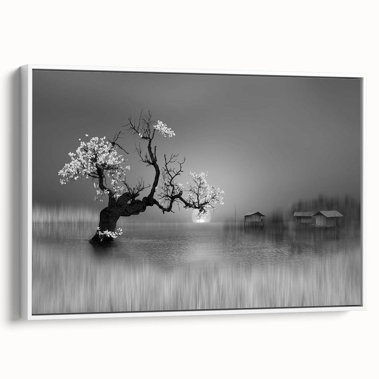 Framed canvas wall art featuring a serene lake landscape design, presented in a modern white frame, perfect for enhancing home decor and creating a calming atmosphere.