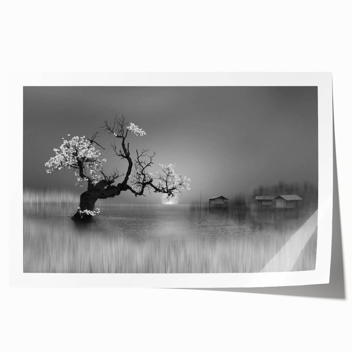 Vibrant rolled print of serene lakeside landscape, showcasing lush greenery and tranquil water reflections, perfect for enhancing home decor aesthetics.