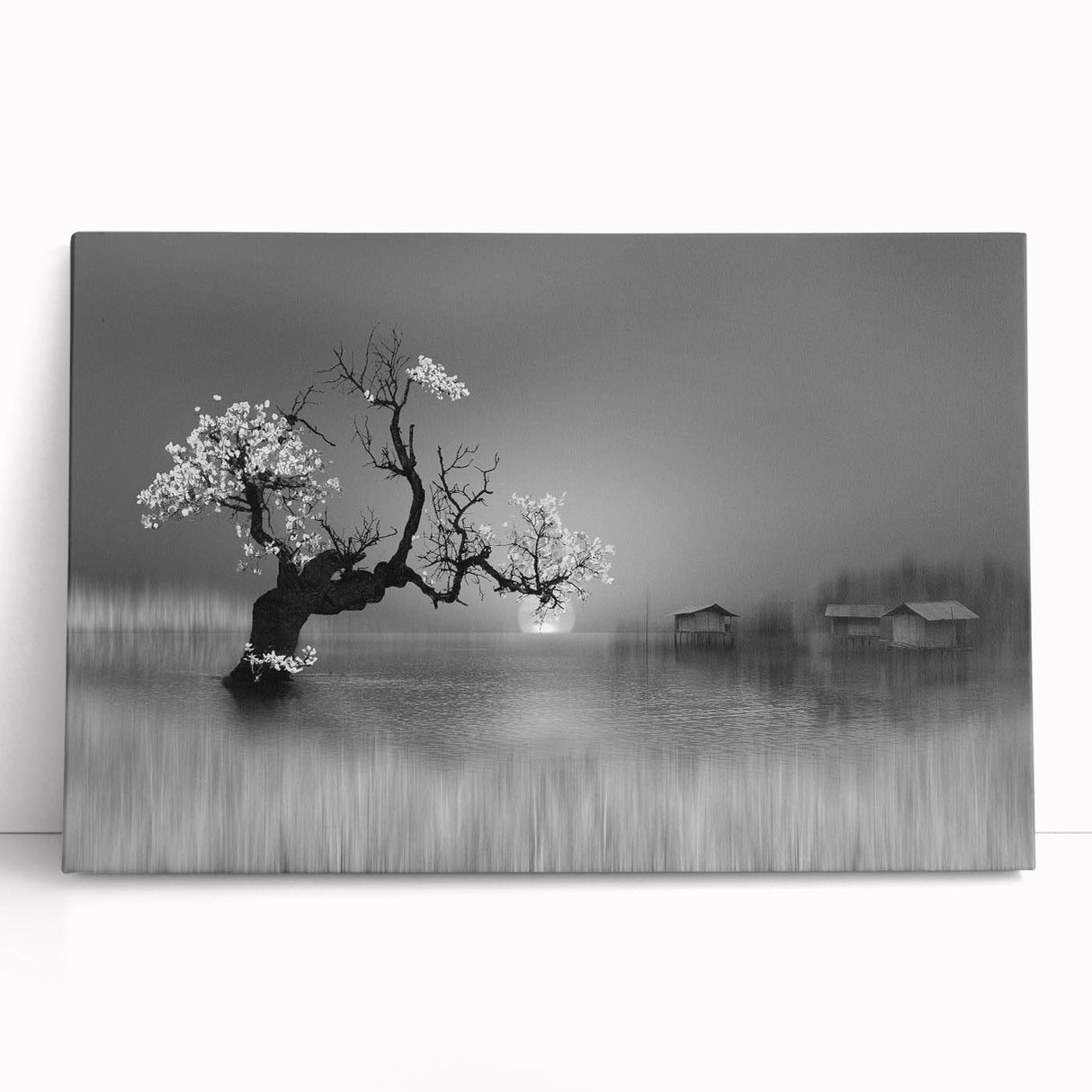 Stretched canvas wall art showcasing a serene lake landscape, featuring vibrant blues and greens, perfect for home decor in living rooms or bedrooms.
