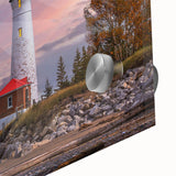 Close-up of a vibrant acrylic glass wall art piece showcasing a lighthouse design against a serene landscape, perfect for coastal-themed decor and home styling.