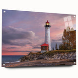 Side view of a contemporary lighthouse wall art piece, designed with acrylic glass, showcasing vibrant colors and intricate details, elegantly displayed with pins.