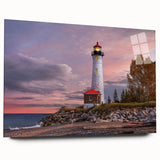 Acrylic glass wall art featuring a vibrant lighthouse design, showcasing vivid colors and intricate details in a side view, perfect for coastal-themed decor.
