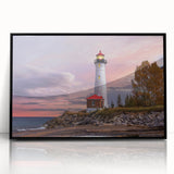Framed acrylic wall art showcasing a coastal landscape with a lighthouse, featuring a sleek black frame and vibrant colors, ideal for home decor.