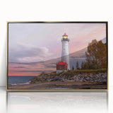 Framed wall art featuring a coastal landscape with a lighthouse, gold-accented frame, and clear acrylic front, ideal for enhancing modern home decor.
