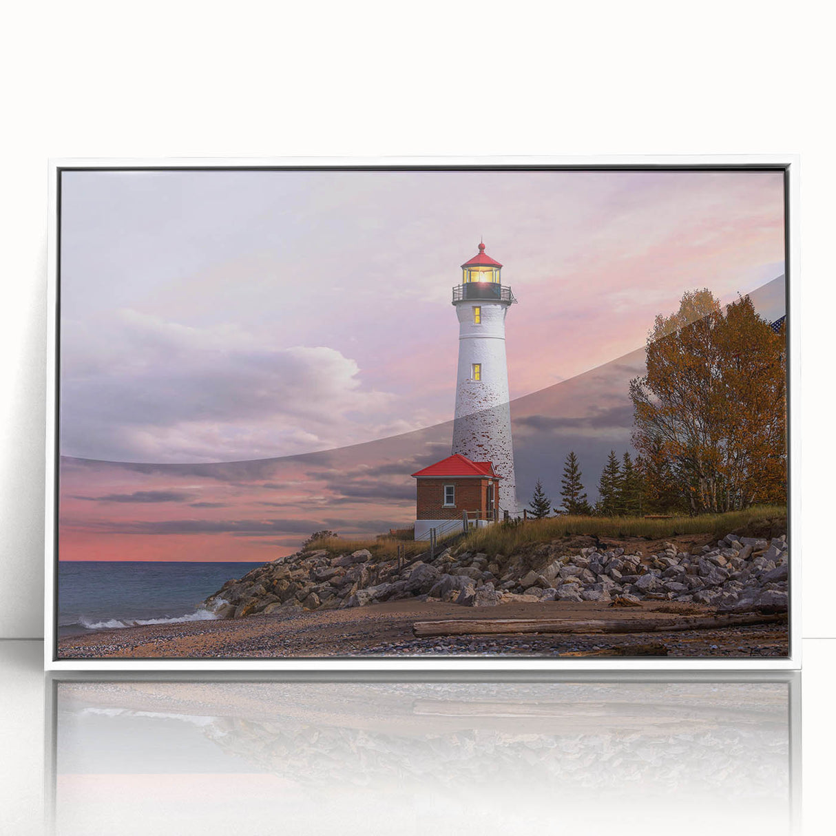 Framed acrylic wall art depicting a serene lighthouse landscape with vibrant colors, set against a white background, perfect for nautical-themed decor.
