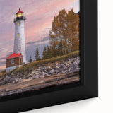 Close-up of a framed canvas wall art featuring a vibrant lighthouse design, showcasing intricate details and rich colors against a serene coastal landscape, ideal for home decor.