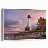 Framed canvas wall art featuring a serene lighthouse design against a vibrant sky, showcasing intricate details and a white frame, perfect for coastal decor.